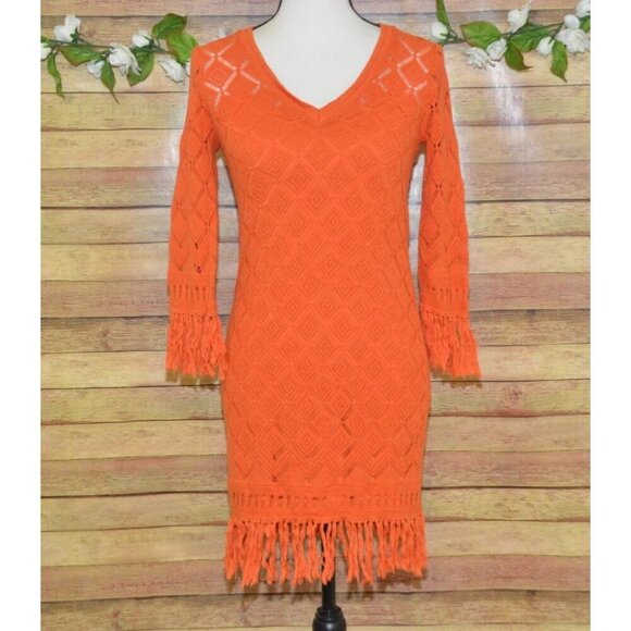 Trina Turk Size XS Orange Crochet & Fringe Mini Dress Lined Bodycon Boho Fall - Picture 1 of 12